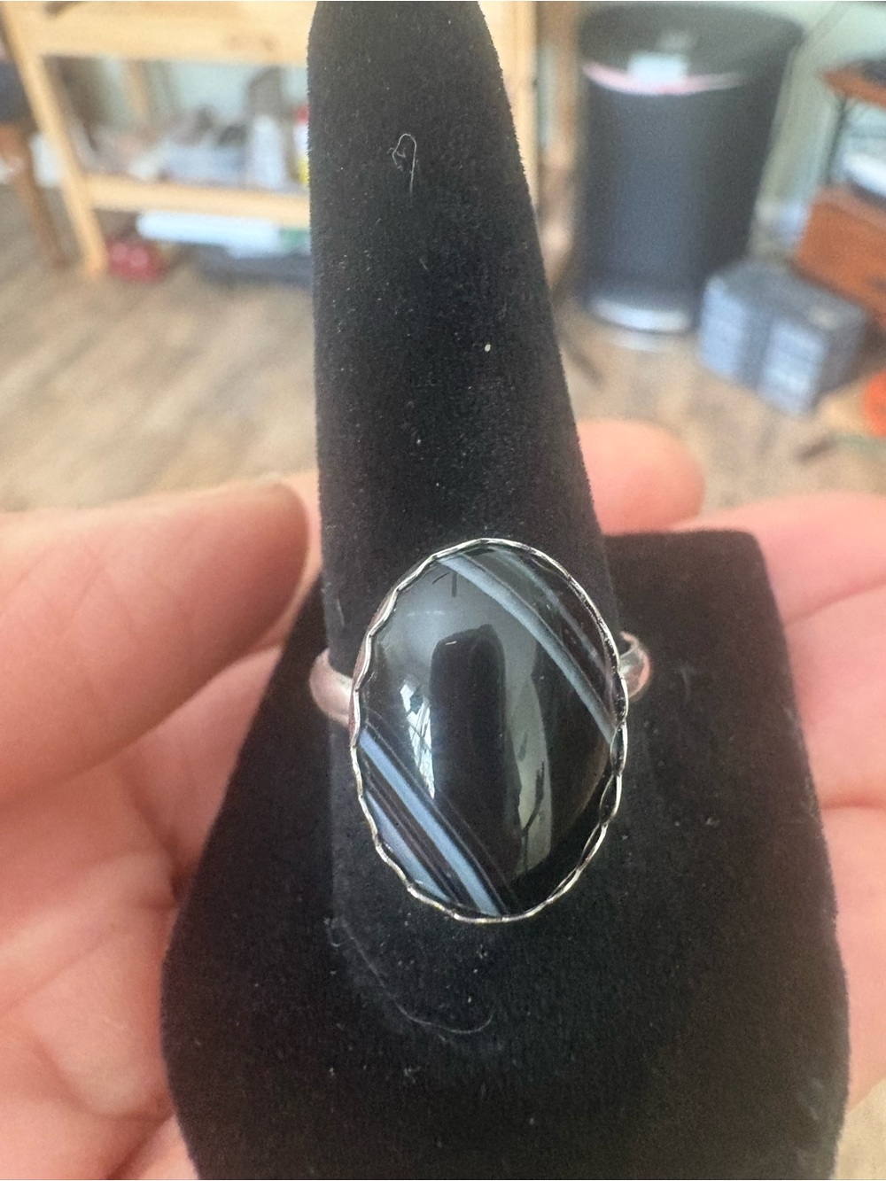 Sterling Silver Black Onyx Stripe Oval Ring , NEW, Size 7.5,- Handmade